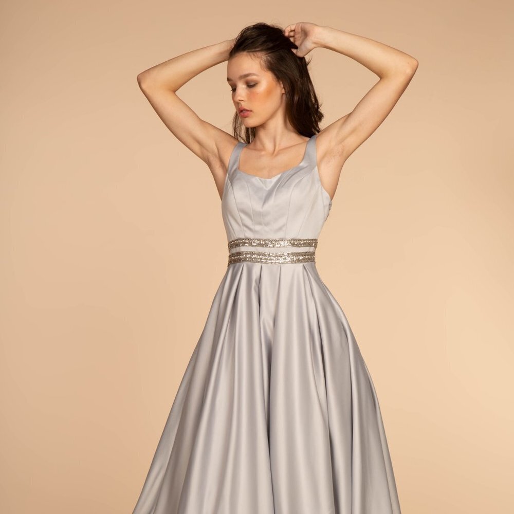 NEW LONG SLEEVELESS A-LINE SATIN DRESS WITH SCOOP NECKLINE AND SHEER BACK GL2531